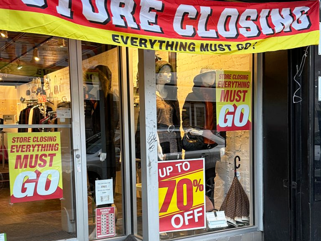 Store Closing, Everything Must Go banner over small business, Queens, New York. (Photo by: