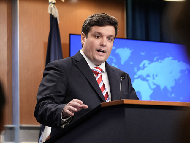 US Deputy State Department Spokesman Tommy Pigott speaks during a press briefing at the St