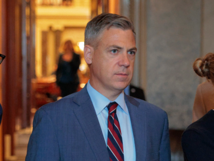 WASHINGTON, DC - AUGUST 01: Sen. Jim Banks (R-IN) leaves the Senate Chamber following a vo