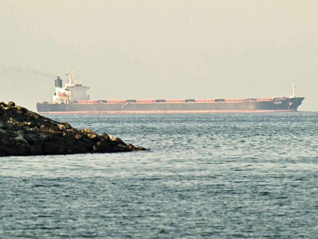A cargo ship is pictured off coast city of Fujairah, in the Strait of Hormuz in the northe