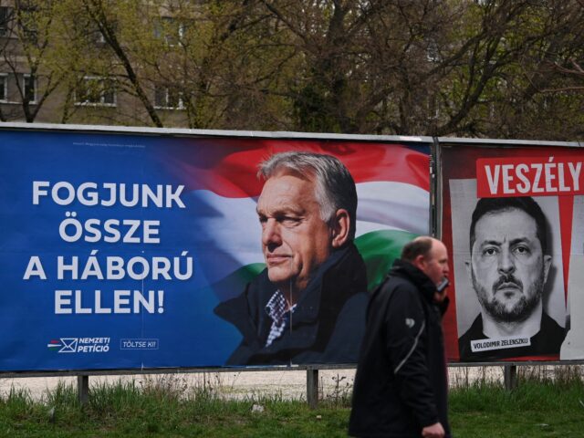 A billboard (L) featuring Hungarian Prime Minister Viktor Orban with the text reading, 'Le