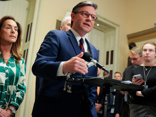 WASHINGTON, DC - MARCH 27: U.S. Speaker of the House Mike Johnson (R-LA) speaks with the m