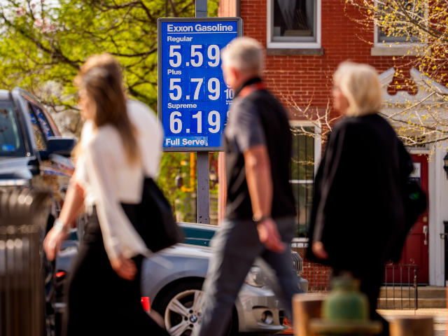 WASHINGTON, DC - MARCH 31: Gas prices over five dollars a gallon are displayed at an Exxon
