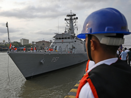 MUMBAI, MAHARASHTRA, INDIA - 2026/04/02: Indian Ocean Ship (IOS) Sagar is seen anchored at