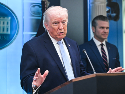 US President Donald Trump speaks about the conflict in Iran in the James S. Brady Press Br