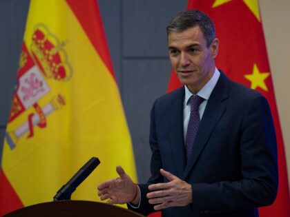 Spain's Prime Minister Pedro Sanchez delivers a speech at the University of Chinese Academ