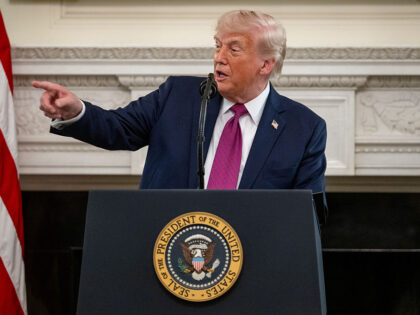 US President Donald Trump speaks in the State Dining Room of the White House in Washington