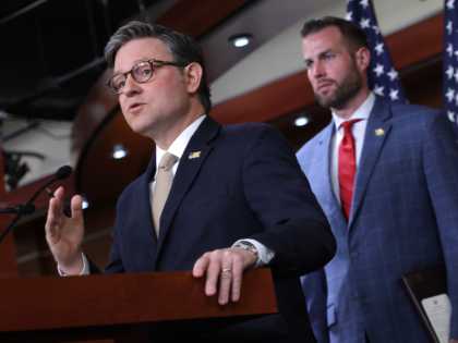 WASHINGTON, DC - APRIL 21: U.S. Speaker of the House Mike Johnson (R-LA), joined by Rep. C
