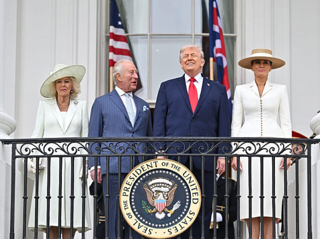 WASHINGTON, DC - APRIL 28: Queen Camilla, King Charles III, U.S. President Donald Trump an