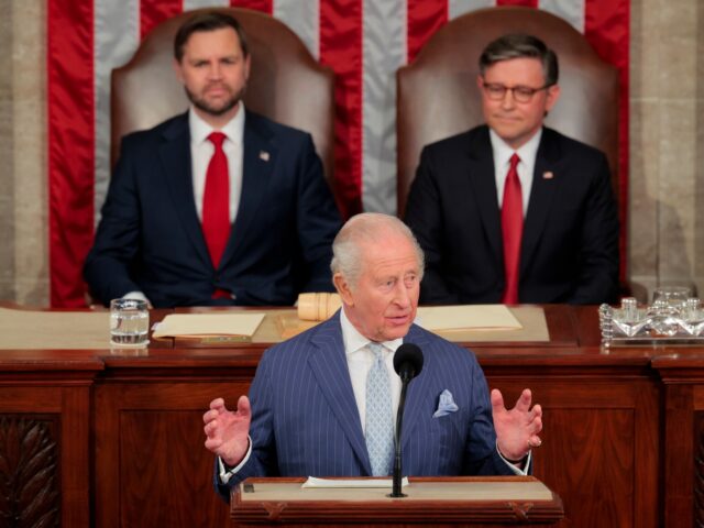 WASHINGTON, DC - APRIL 28: King Charles III addresses a joint meeting of Congress as U.S.