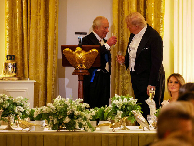 WASHINGTON, DC - APRIL 28: (L-R) King Charles III, U.S. President Donald Trump, and First