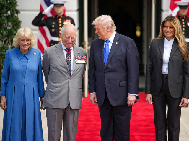 WASHINGTON, DC - APRIL 30: Queen Camilla, King Charles III, U.S. President Donald Trump an
