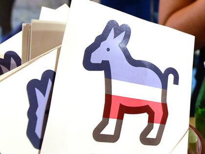 Paddles with the Donkey logo are seen at the Facebook section ahead of the Democratic pres