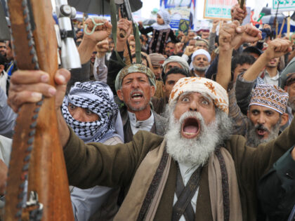 Houthi supporters shout slogans during a rally against Israel and the United States'