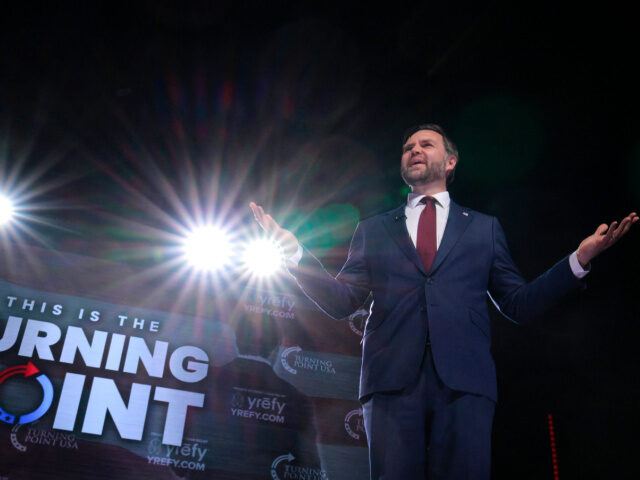 U.S. Vice President JD Vance takes the stage during a Turning Point USA event at Akins For