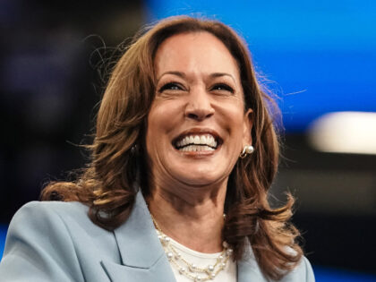 US Vice President and 2024 Democratic presidential candidate Kamala Harris smiles as she t