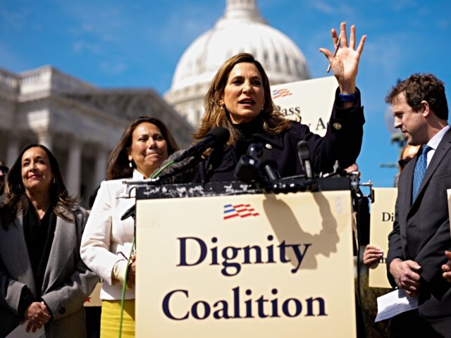 WASHINGTON, DC - MARCH 25: Rep. Maria Elvira Salazar (R-FL) (C), accompanied by Rep. Veron