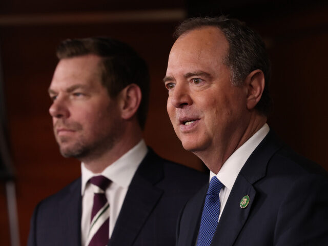 Rep. Adam Schiff (D-CA) (R), joined by Rep. Eric Swalwell (D-CA), speaks at a press confer