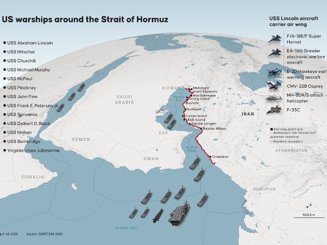 An infographic titled "US warships around the Strait of Hormuz" created in Ankar