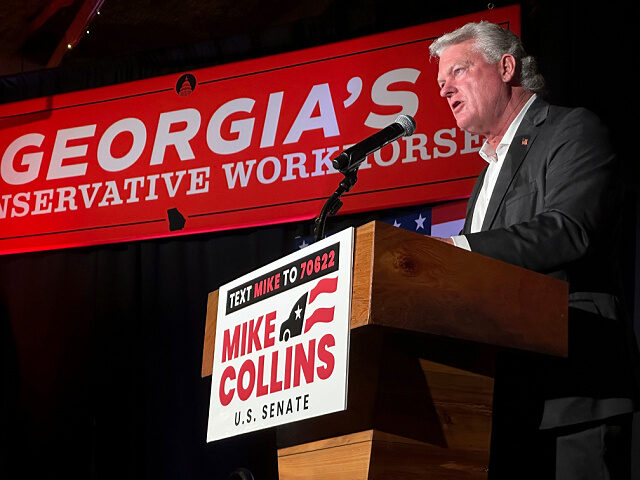 FILE - U.S. Rep. Mike Collins speaks at a Senate campaign event on Aug. 19, 2025, in Jacks
