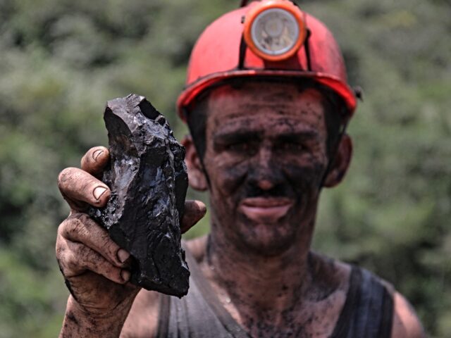 A miner shows a piece of coal extracted from the Los Parras mine in Lobatera, Tachira stat