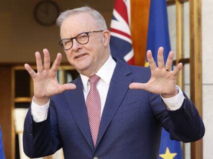 Ursula von der Leyen, president of the European Commission, left, and Anthony Albanese, Au
