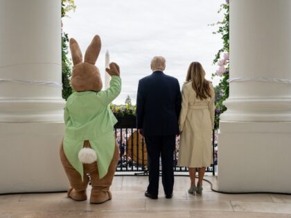 President Donald Trump and First Lady Melania Trump are accompanied by the Easter Bunny as