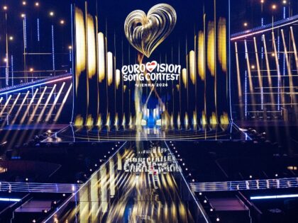 The lettering 'Eurovision Song Contest Vienna 2026' is seen during a light show