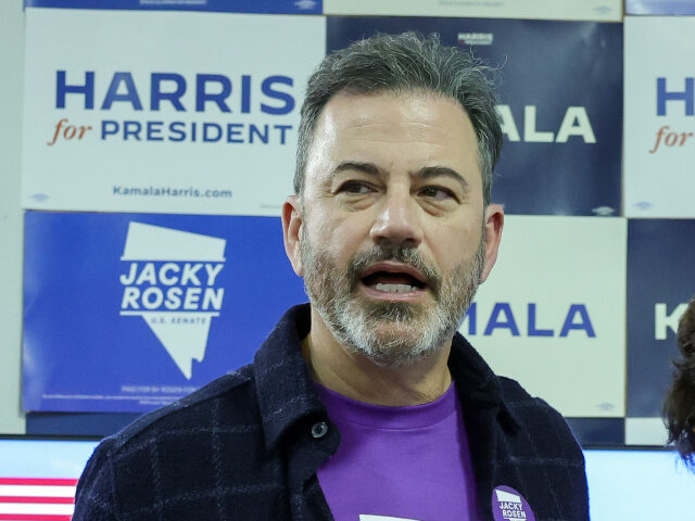 LAS VEGAS, NEVADA - OCTOBER 21: Jimmy Kimmel (L) and U.S. Sen. Jacky Rosen (D-NV) they tha