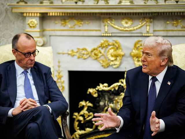 Friedrich Merz, Germany's chancellor, left, and US President Donald Trump during a meeting