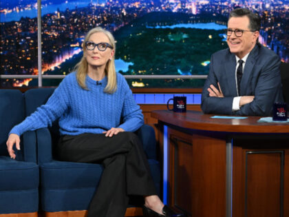 NEW YORK - APRIL 1: Meryl Streep and Stephen Colbert on the CBS series The Late Show with