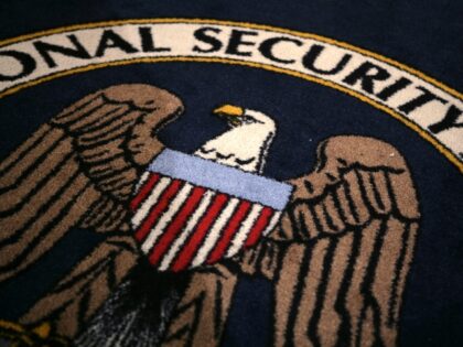 The logo of the U.S. National Security Agency is seen during a visit by U.S. President Geo