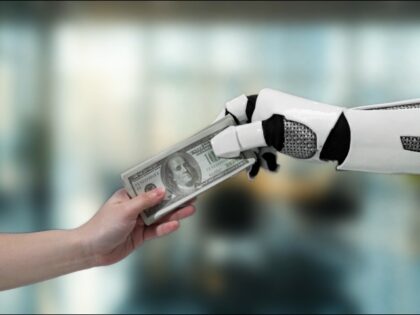 robot handing human money
