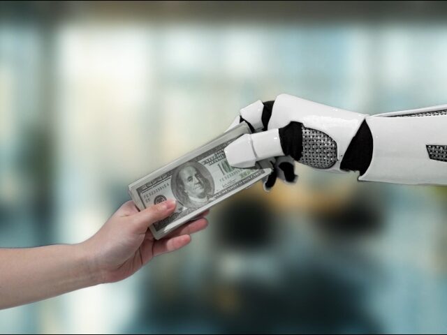 robot handing human money