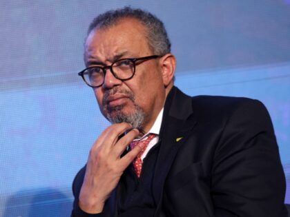 World Health Organization (WHO) Director-General Tedros Adhanom Ghebreyesus speaks on stag