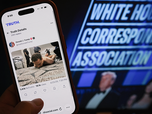 TOPSHOT - This illustration photo taken in Los Angeles shows a phone with a Truth Social p