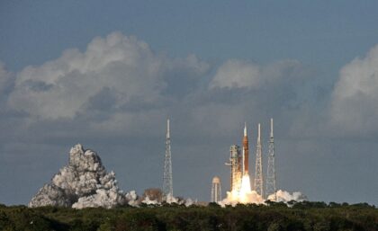 The Artemis II crewed lunar mission launches from Pad 39B at Kennedy Space Center in Cape