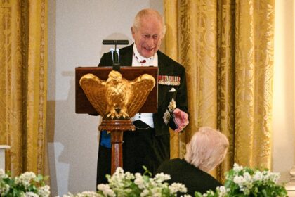 Britain's King Charles III speaks as US President Donald Trump looks on during a Stat
