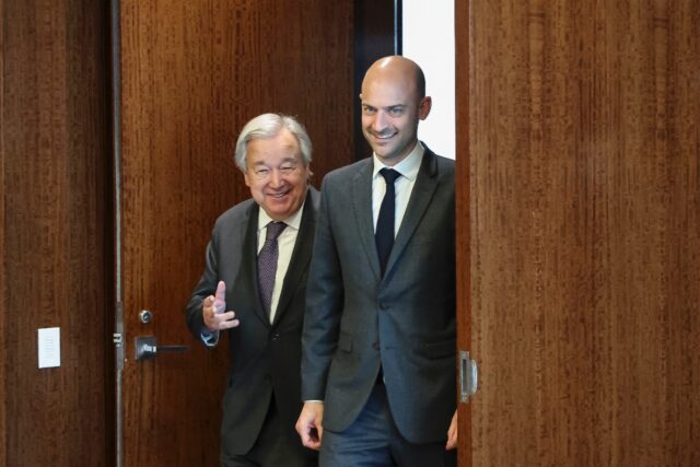 France's Foreign Minister Jean-Noel Barrot and UN Secretary-General Antonio Guterres