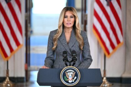 US First Lady Melania Trump speaks in the Cross Hall of the White House in Washington, DC,