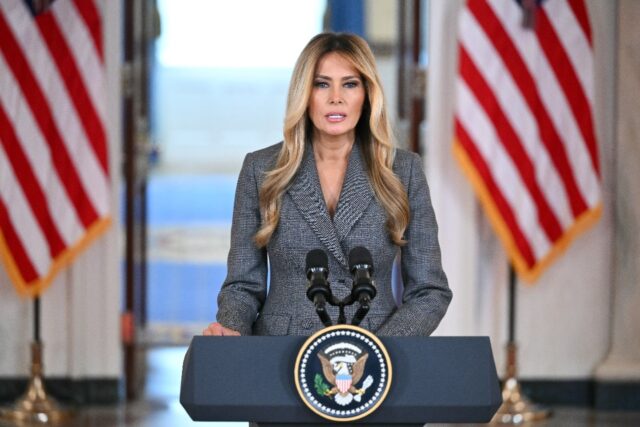 US First Lady Melania Trump speaks in the Cross Hall of the White House in Washington, DC,