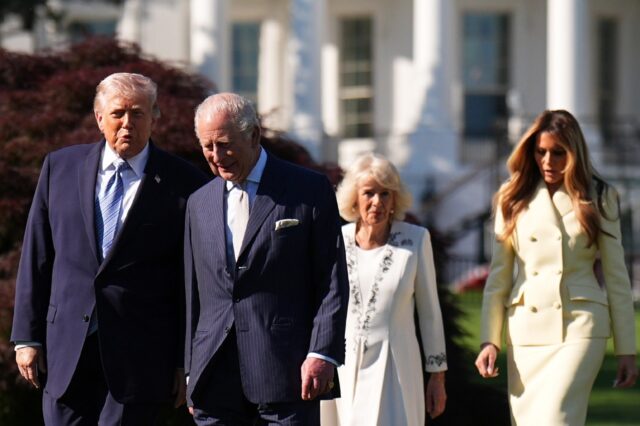 (L-R) US President Donald Trump, Britain's King Charles III, Britain's Queen Cam