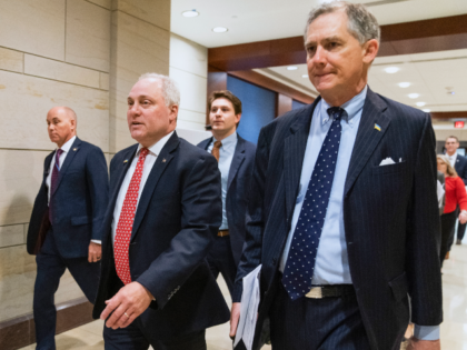 Rep. Steve Scalise, R-La., center, walks with Rep. French Hill, R-Ark., right, to watch th