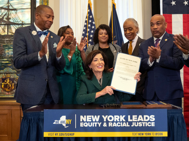 This image provided by the Office of The Governor, shows New York Gov. Kathy Hochul, seate