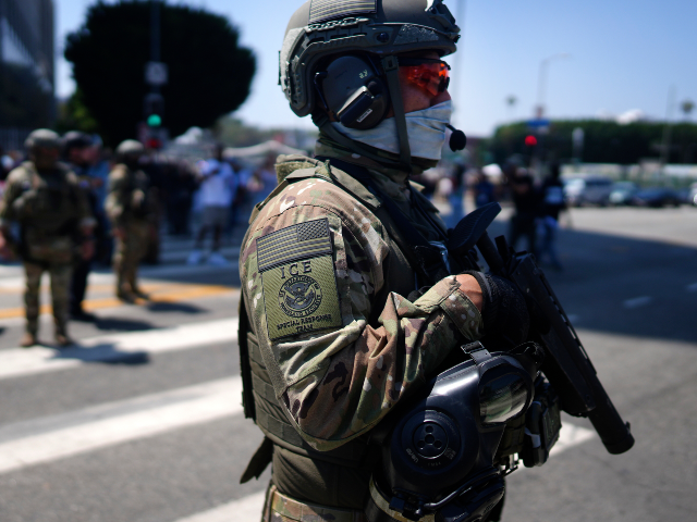 FILE - An ICE Special Response Team member stands guard outside the Metropolitan Detention