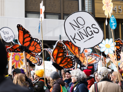 Demonstrators march during the "No Kings" protest in Manhattan on Saturday, Marc