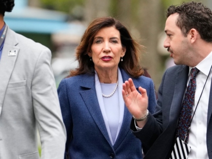 New York Gov. Kathy Hochul, center, arrives ahead of Britain's King Charles III and Q