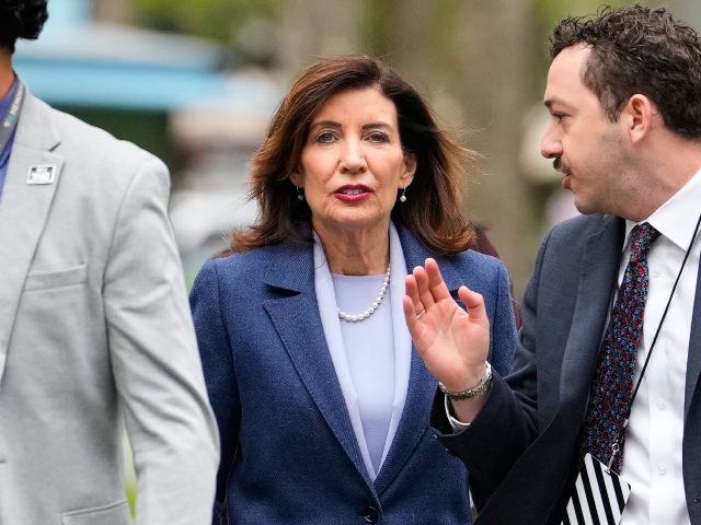 New York Gov. Kathy Hochul, center, arrives ahead of Britain's King Charles III and Q