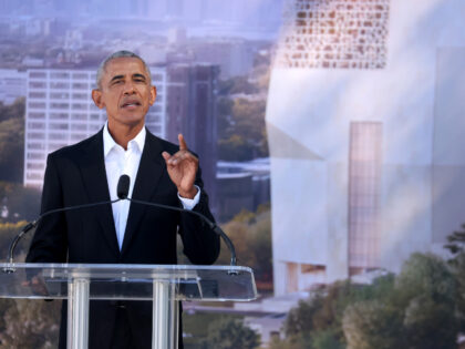 Former U.S. President Barack Obama speaks during a ceremonial groundbreaking at the Obama