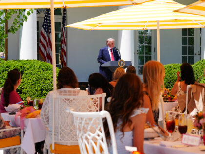 President Donald Trump speaks at a luncheon for mothers Friday, May 8, 2026, in the Rose G